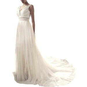 Sorayan New White Illusory Lace Tulle Wedding Gown Dress Size S Bride Train